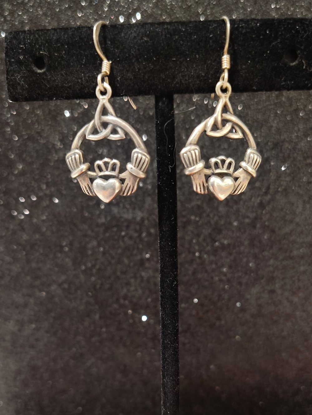 Sterling Silver Claddagh Dangle Earrings accented with a Celtic Trinity Knot
